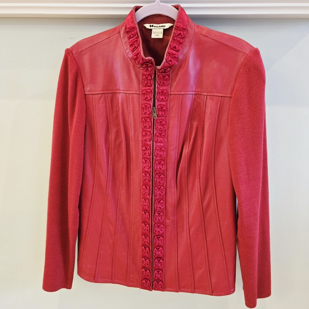 NYGARD COLLECTION Women's Red Leather Jacket Knit Sleeves Ruffle Trim